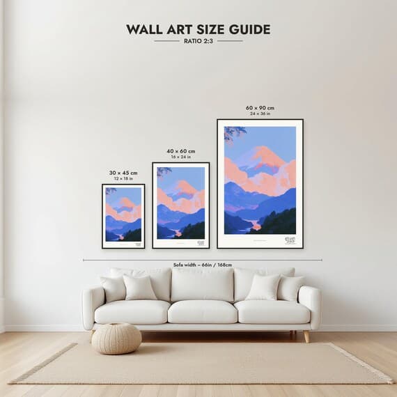 Size guide: 30×45, 40×60 and 60×90 cm to scale above a sofa