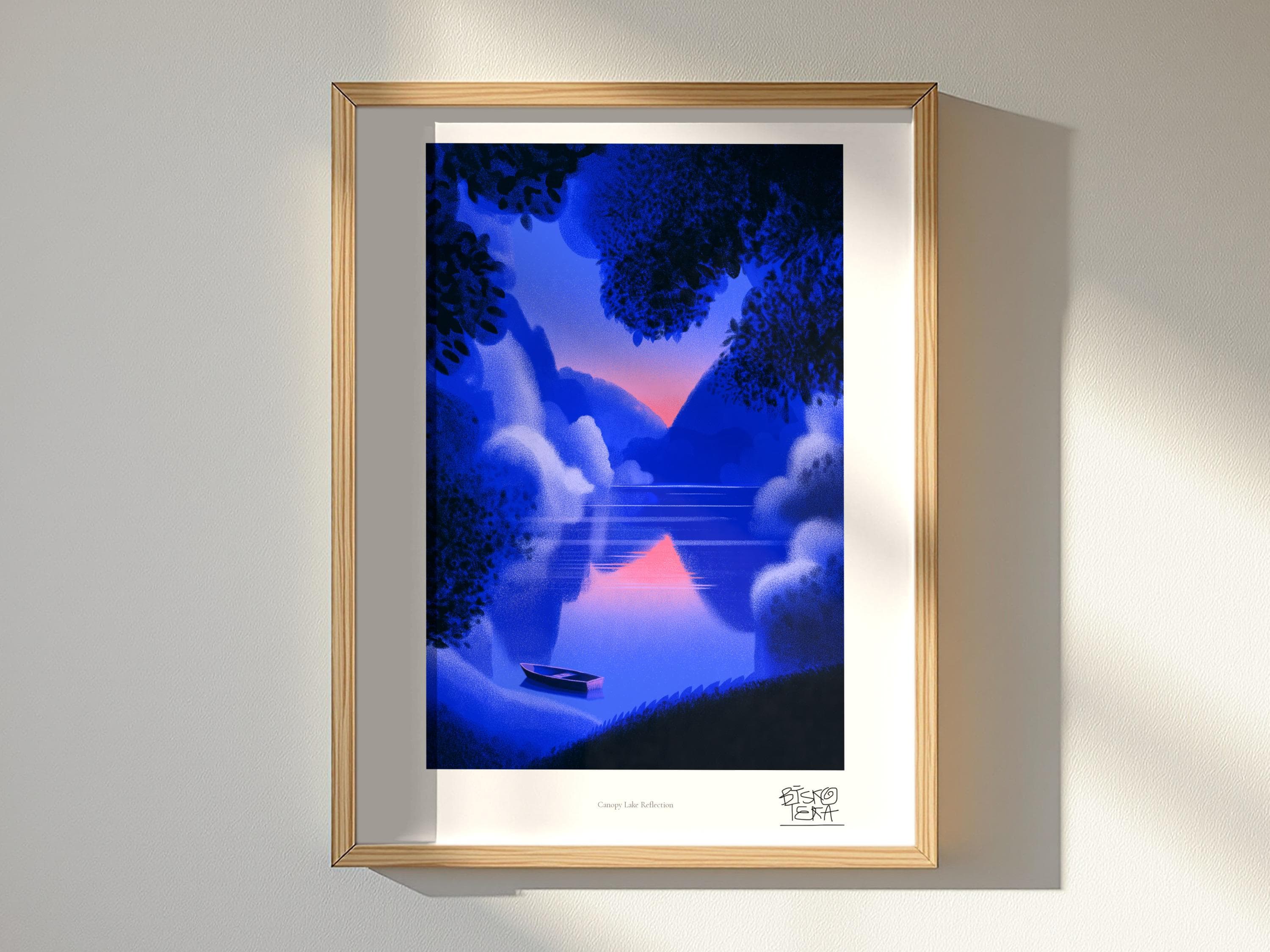 Canopy Lake Reflection art print, framed, shown in a styled room