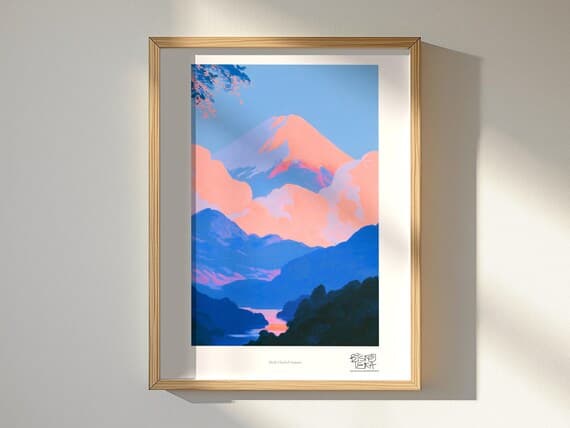 Blush Clouded Summit art print, framed, in a second room setting