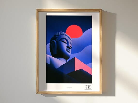 Serene Buddha framed art print, shown hanging in a styled room