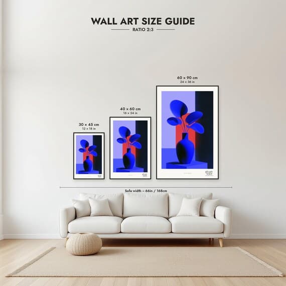 Size guide: 30×45, 40×60 and 60×90 cm to scale above a sofa