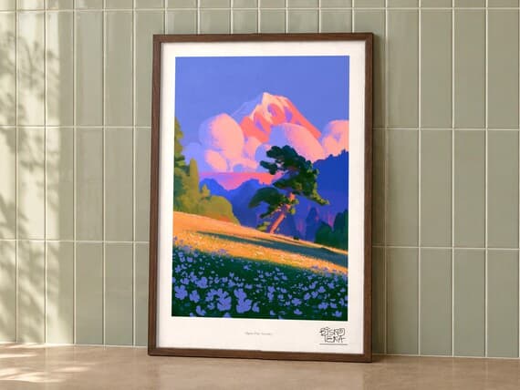 Alpine Pine Serenity art print on a wall, room view