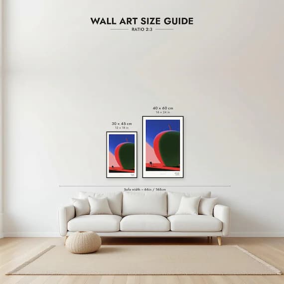 Framed size guide: 30x45 and 40x60 cm to scale above a sofa
