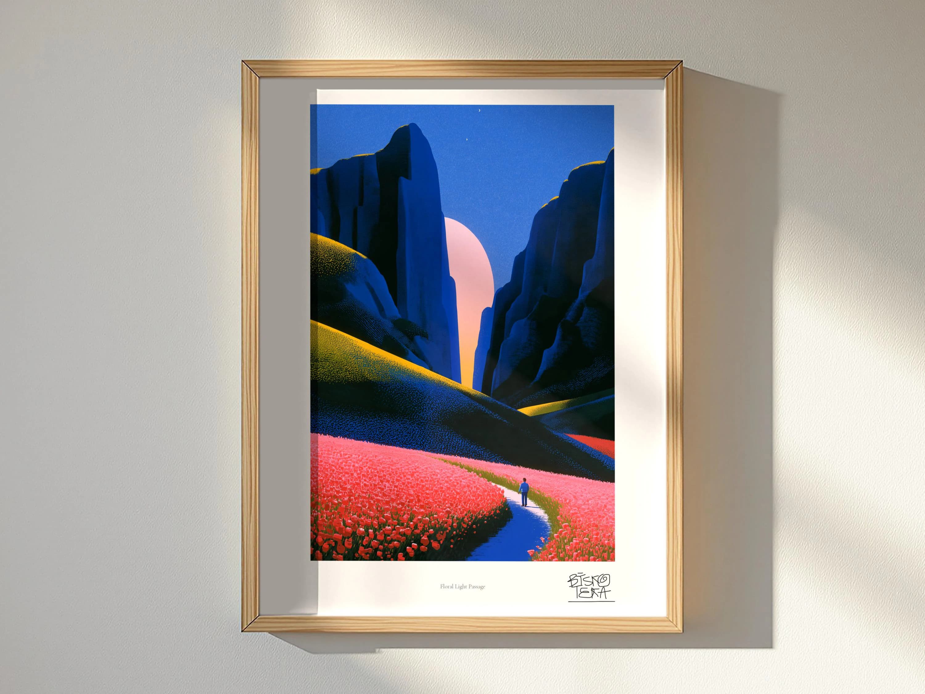 Floral Light Passage art print, framed, shown in a styled room