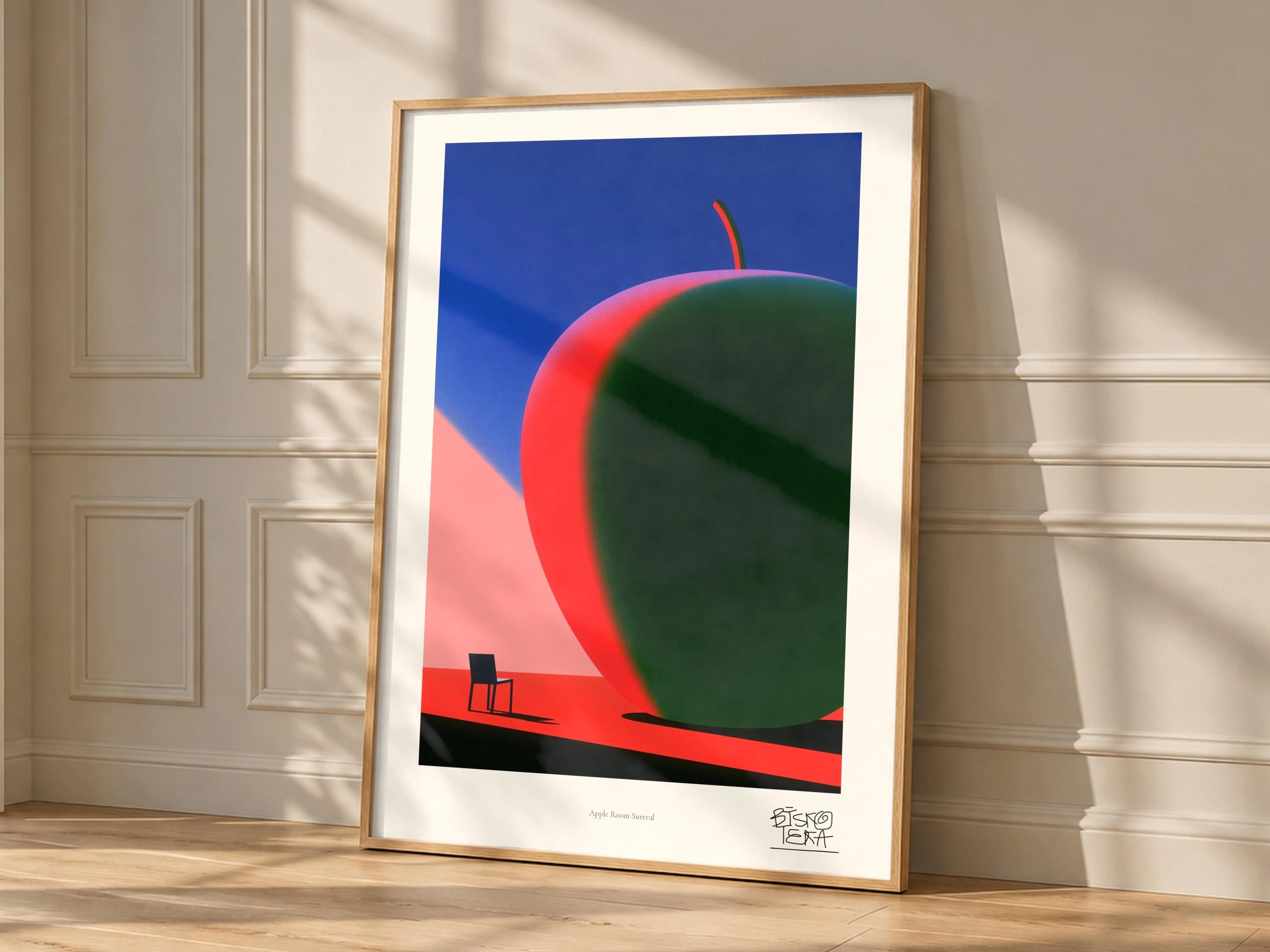 Apple Room Surreal framed art print, shown hanging in a styled room