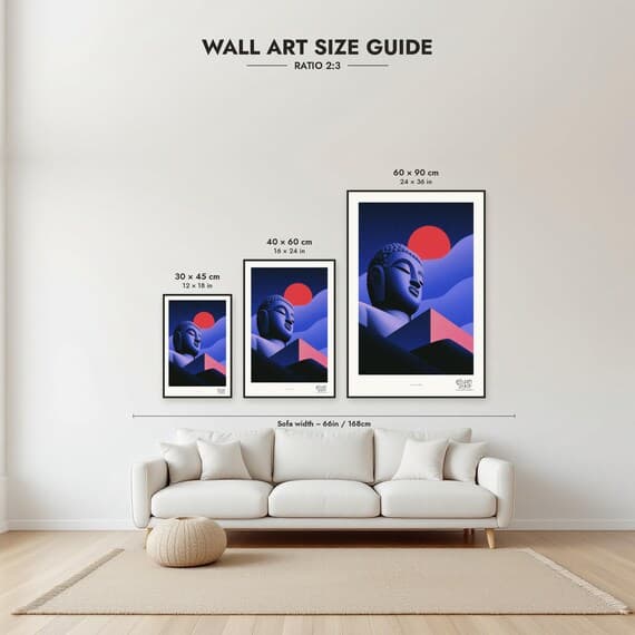 Size guide: 30×45, 40×60 and 60×90 cm to scale above a sofa
