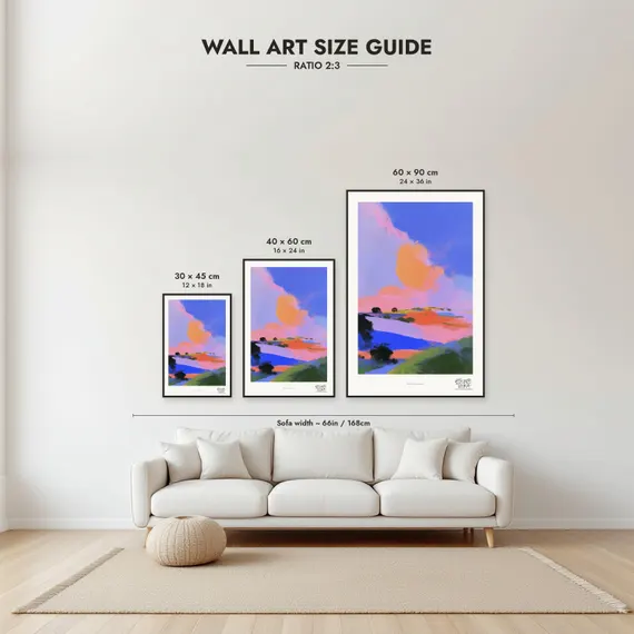 Size guide: 30×45, 40×60 and 60×90 cm to scale above a sofa