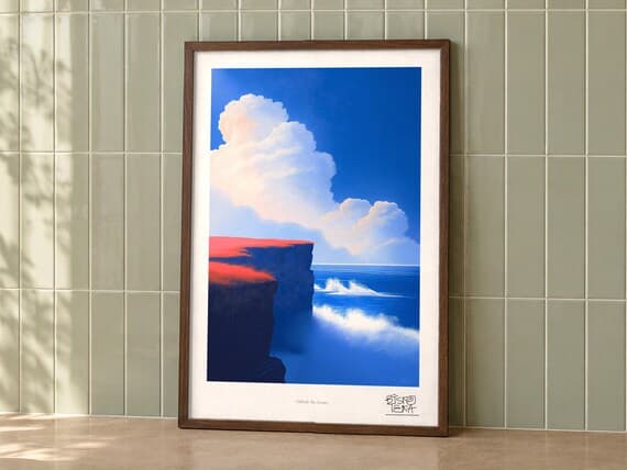 Cliffside Sky Drama art print on a wall, room view