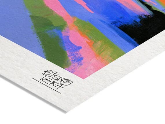 Close-up of the printed signature on the fine-art giclée paper of the Winding Village Road print