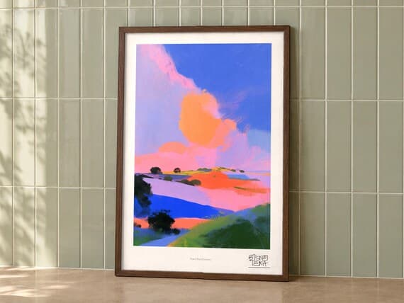 Pastel Rural Journey art print on a wall, room view