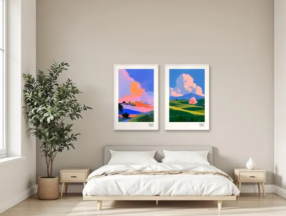 Pastel Hills duo shown together above an oak bed