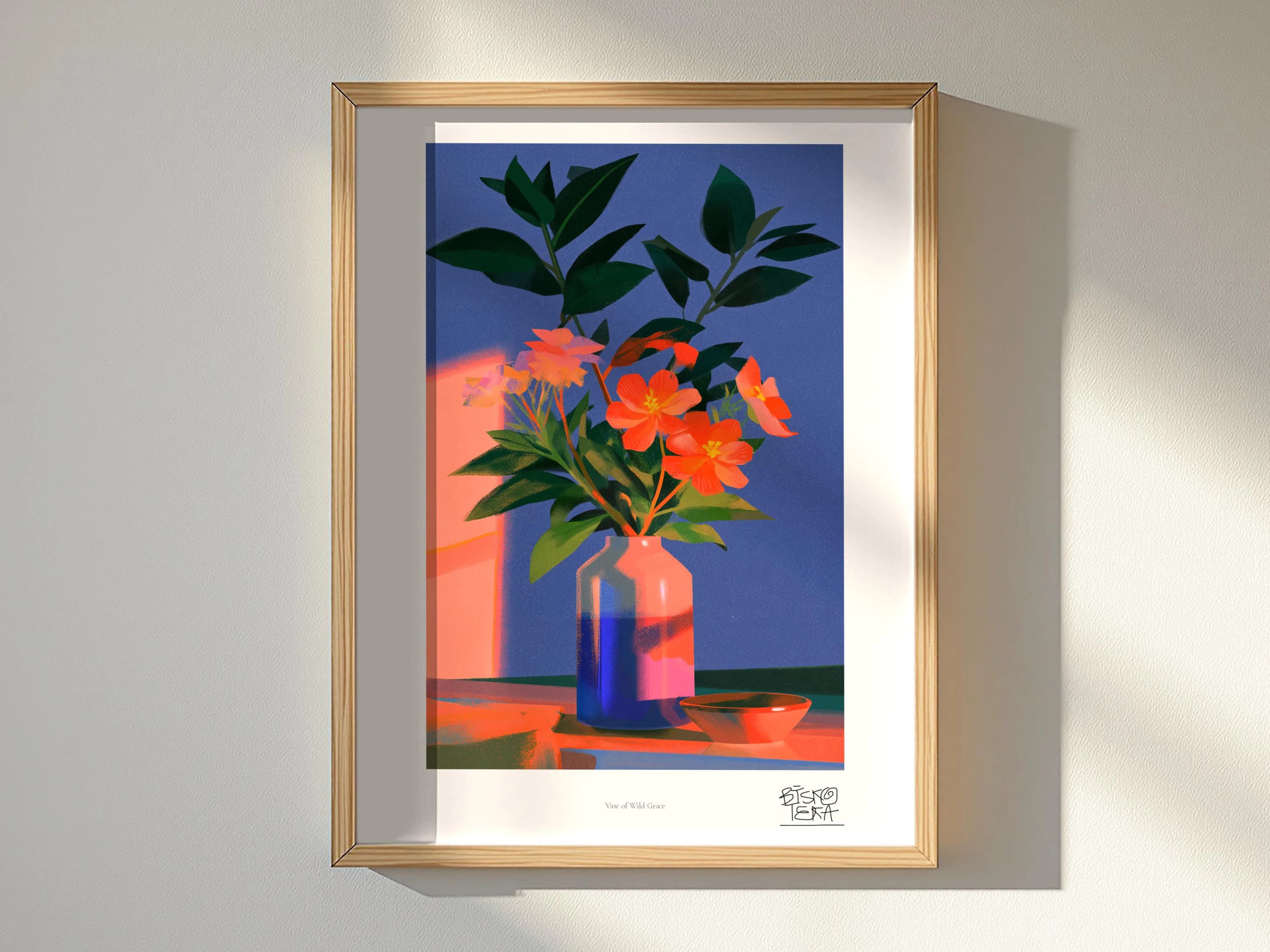 Vase of Wild Grace art print, framed, shown in a styled room