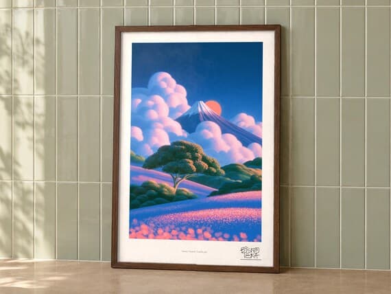 Snowy Sunrise Landscape framed art print, second room setting