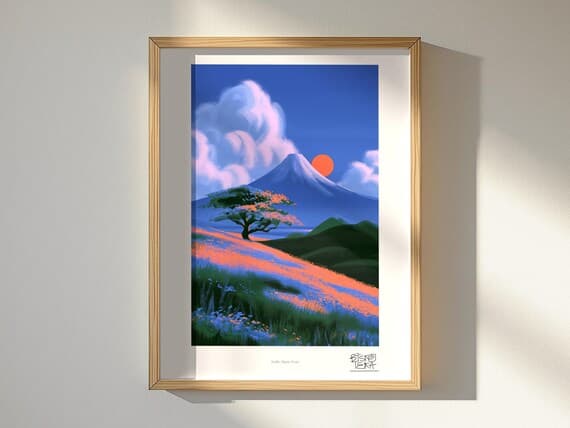 Sunlit Alpine Scene art print, framed, shown in a styled room