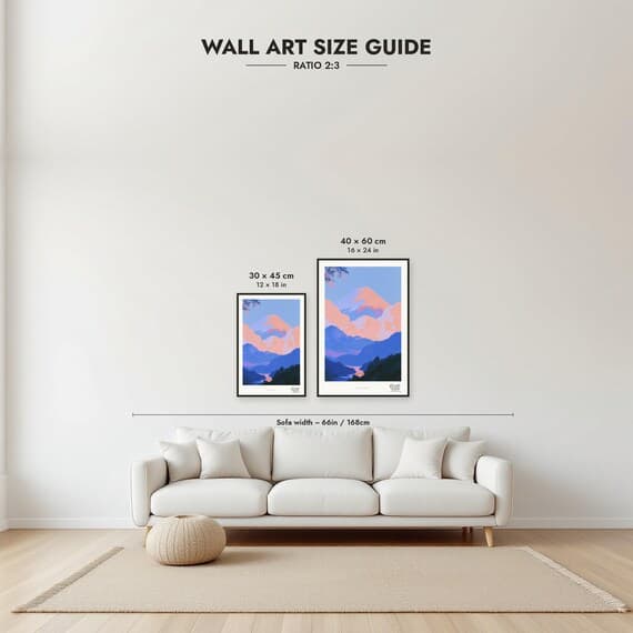 Framed size guide: 30x45 and 40x60 cm to scale above a sofa