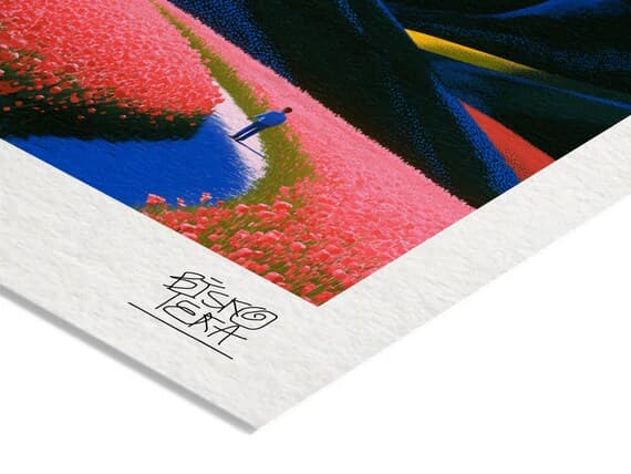 Close-up of the printed signature on the fine-art giclée paper of the Floral Light Passage print