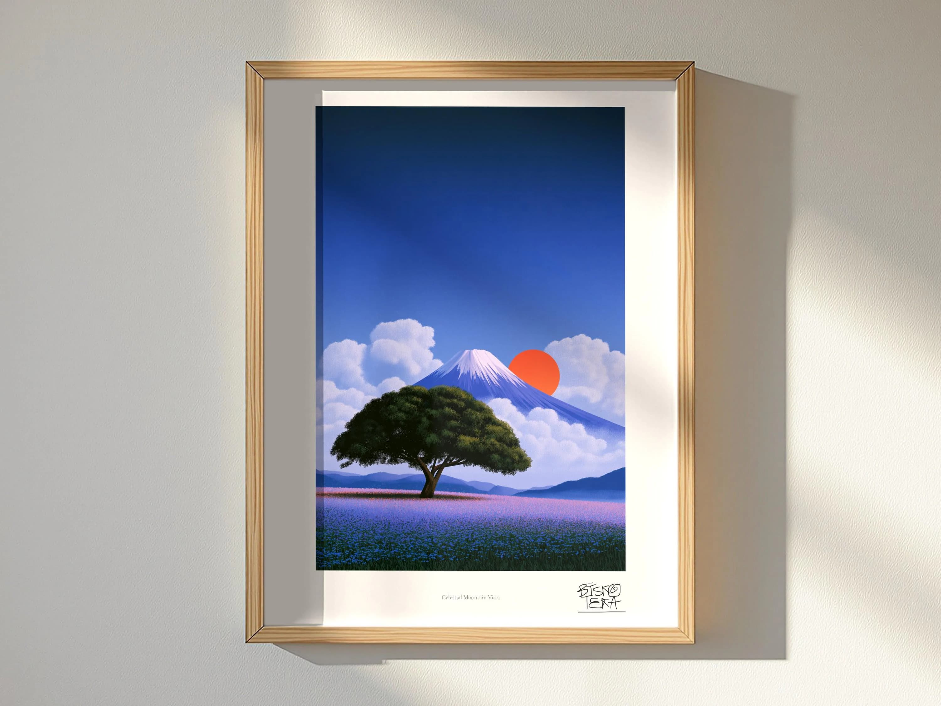 Celestial Mountain Vista framed art print, shown hanging in a styled room
