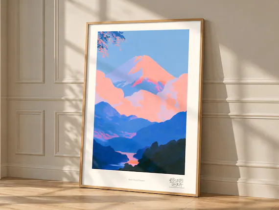 Blush Clouded Summit framed art print, shown hanging in a styled room