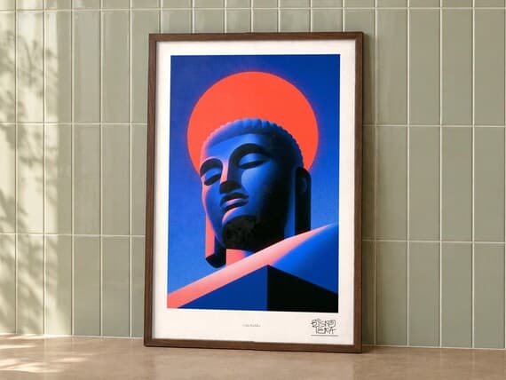 Calm Buddha art print on a wall, room view