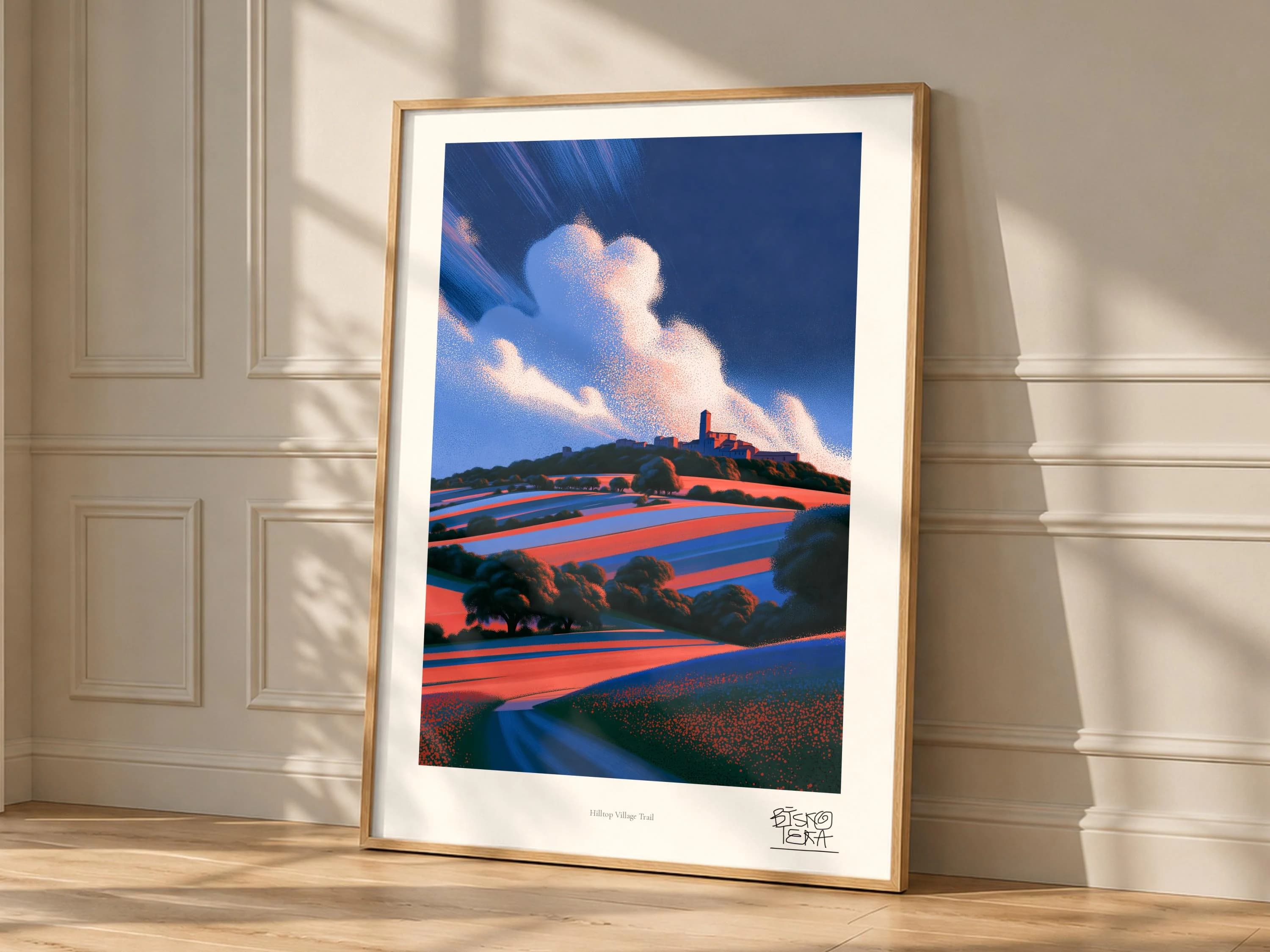 Hilltop Village Trail framed art print, shown hanging in a styled room