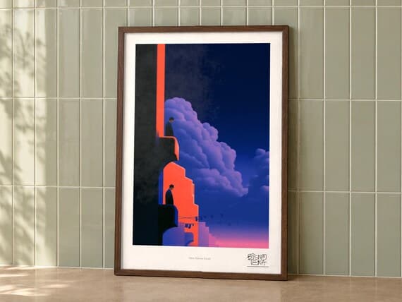 Silent Balcony Parade art print on a wall, room view