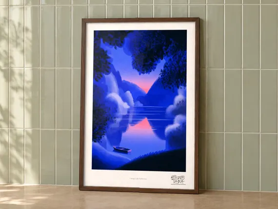 Canopy Lake Reflection art print on a wall, room view