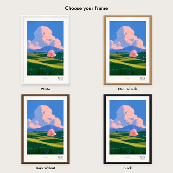 Frame colour comparison for the Pink Hill Blossom framed print