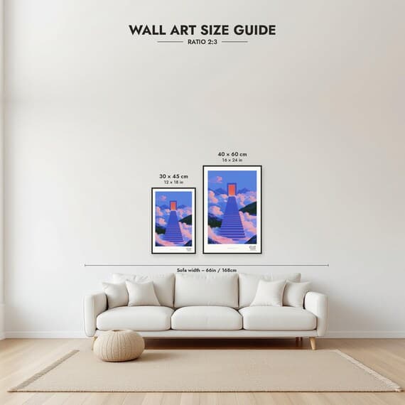 Framed size guide: 30x45 and 40x60 cm to scale above a sofa