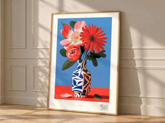 Silent Bloom art print, framed, shown in a styled room