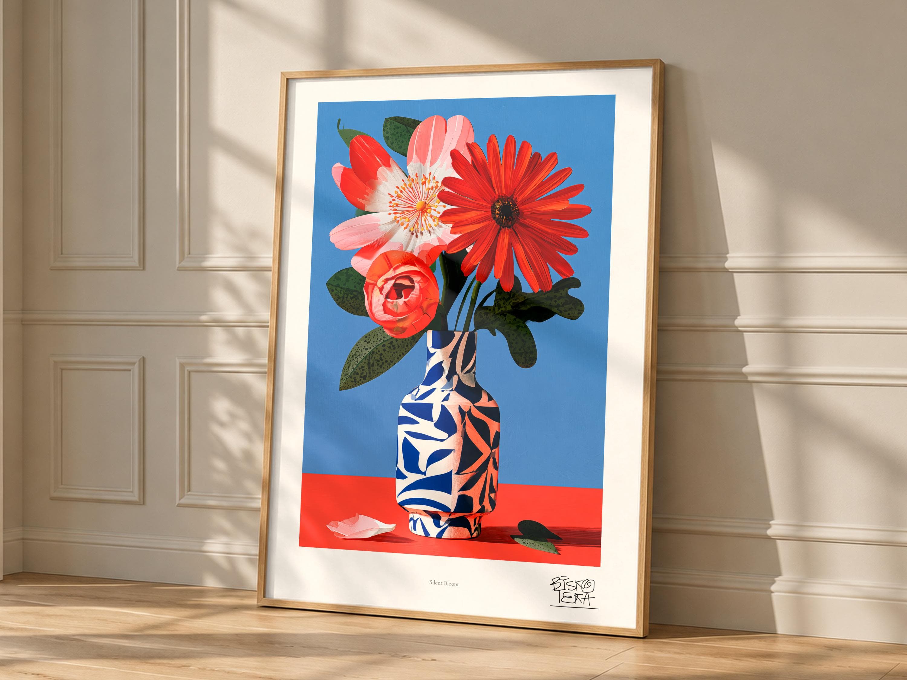 Silent Bloom art print, framed, shown in a styled room