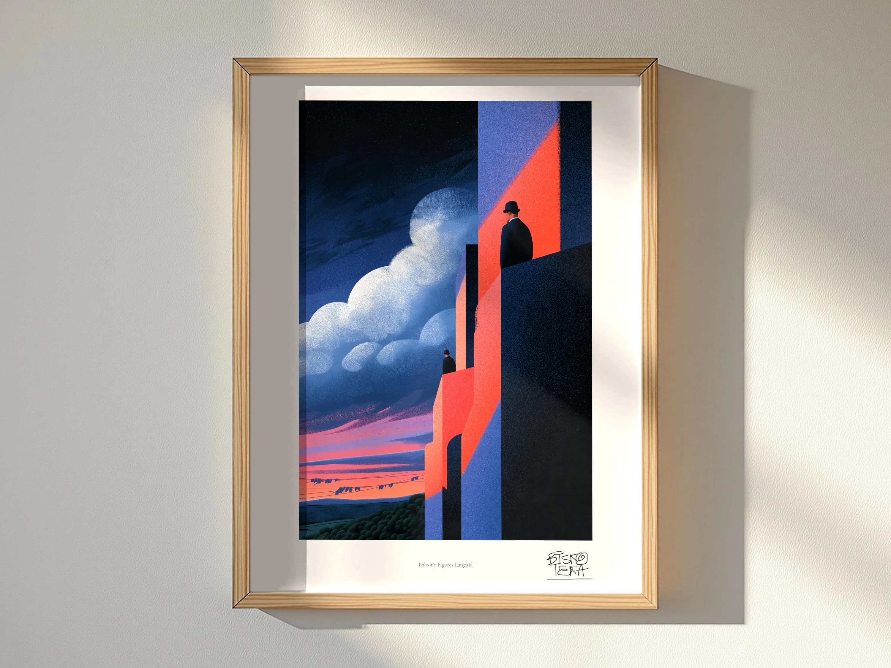 Balcony Figures Languid art print, framed, shown in a styled room
