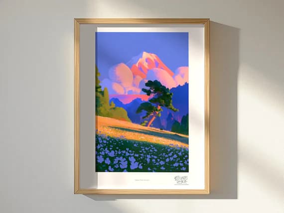 Alpine Pine Serenity framed art print, shown hanging in a styled room