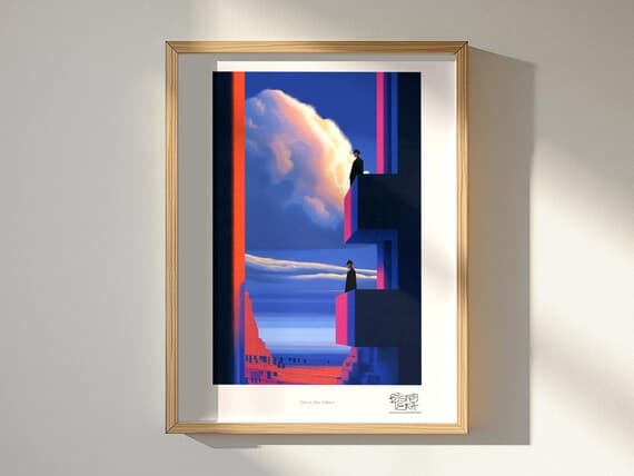 Balcony Men Stillness art print, framed, in a second room setting