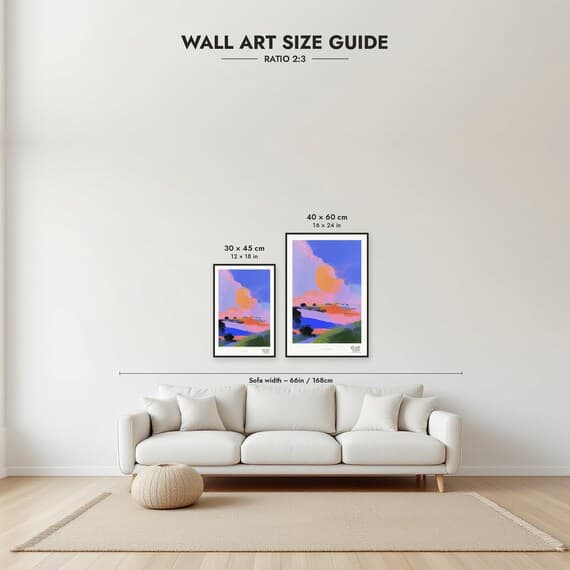 Framed size guide: 30x45 and 40x60 cm to scale above a sofa