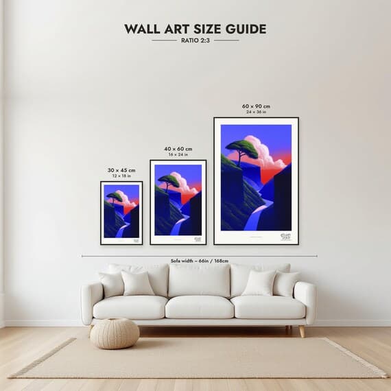 Size guide: 30×45, 40×60 and 60×90 cm to scale above a sofa