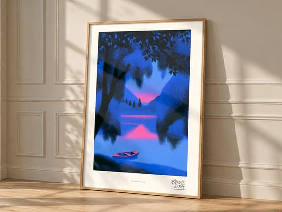 Lake Beneath Canopy art print, framed, shown in a styled room