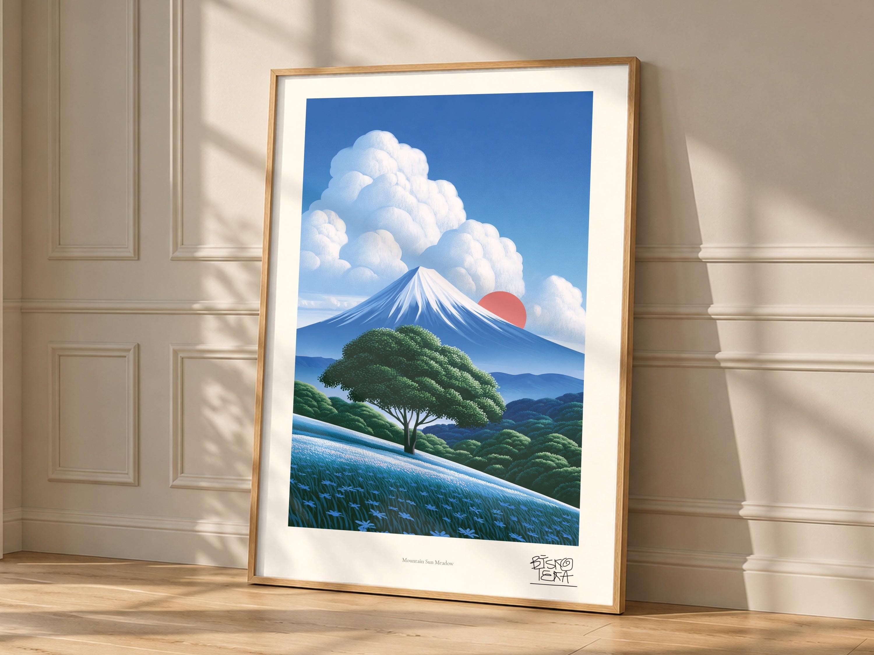 Mountain Sun Meadow framed art print, shown hanging in a styled room