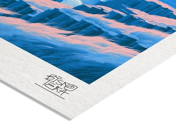 Close-up of the printed signature on the fine-art giclée paper of the Cliff Drama Amplified print