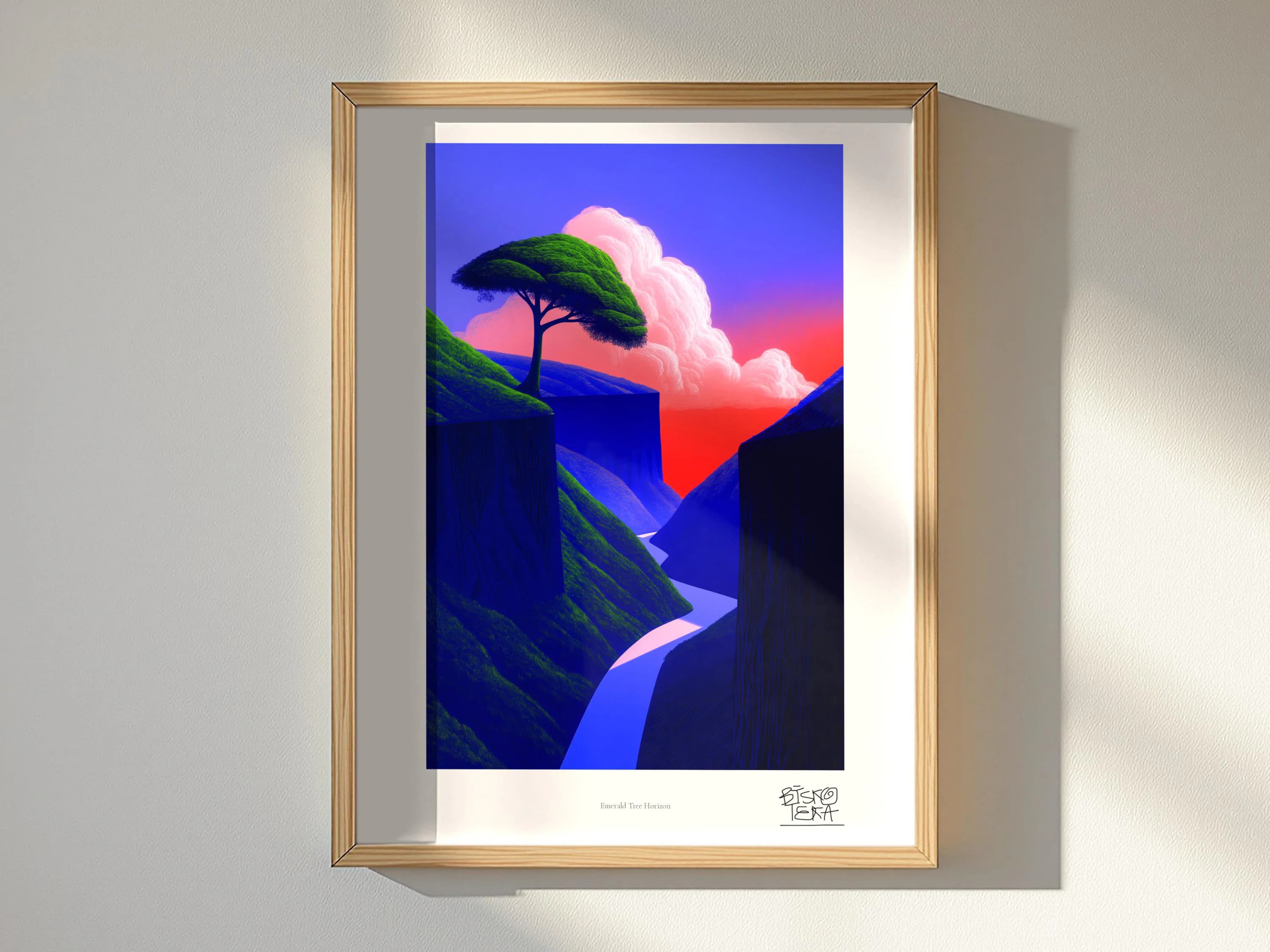 Emerald Tree Horizon art print, framed, shown in a styled room