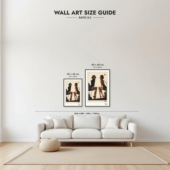 Framed size guide: 30x45 and 40x60 cm to scale above a sofa
