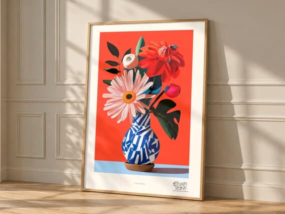 Ceramic Bloom art print, framed, in a second room setting