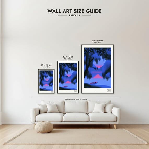 Size guide: 30×45, 40×60 and 60×90 cm to scale above a sofa