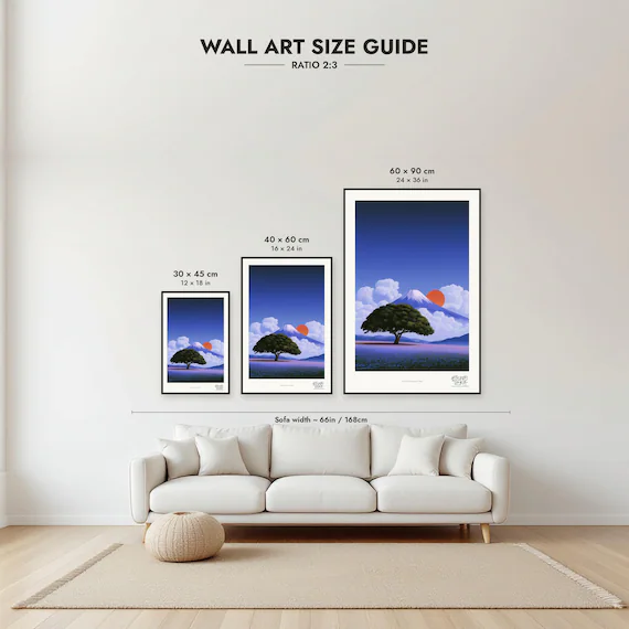 Size guide: 30×45, 40×60 and 60×90 cm to scale above a sofa