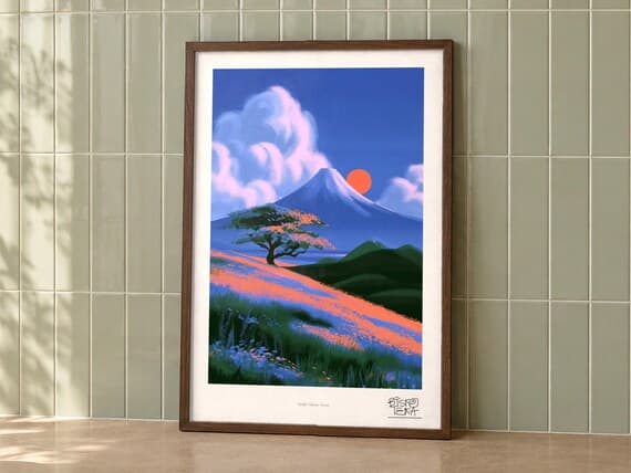 Sunlit Alpine Scene art print on a wall, room view