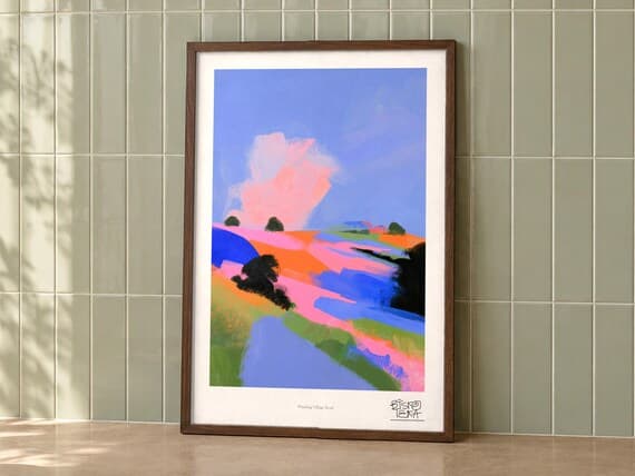 Winding Village Road framed art print, second room setting