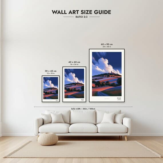 Size guide: 30×45, 40×60 and 60×90 cm to scale above a sofa
