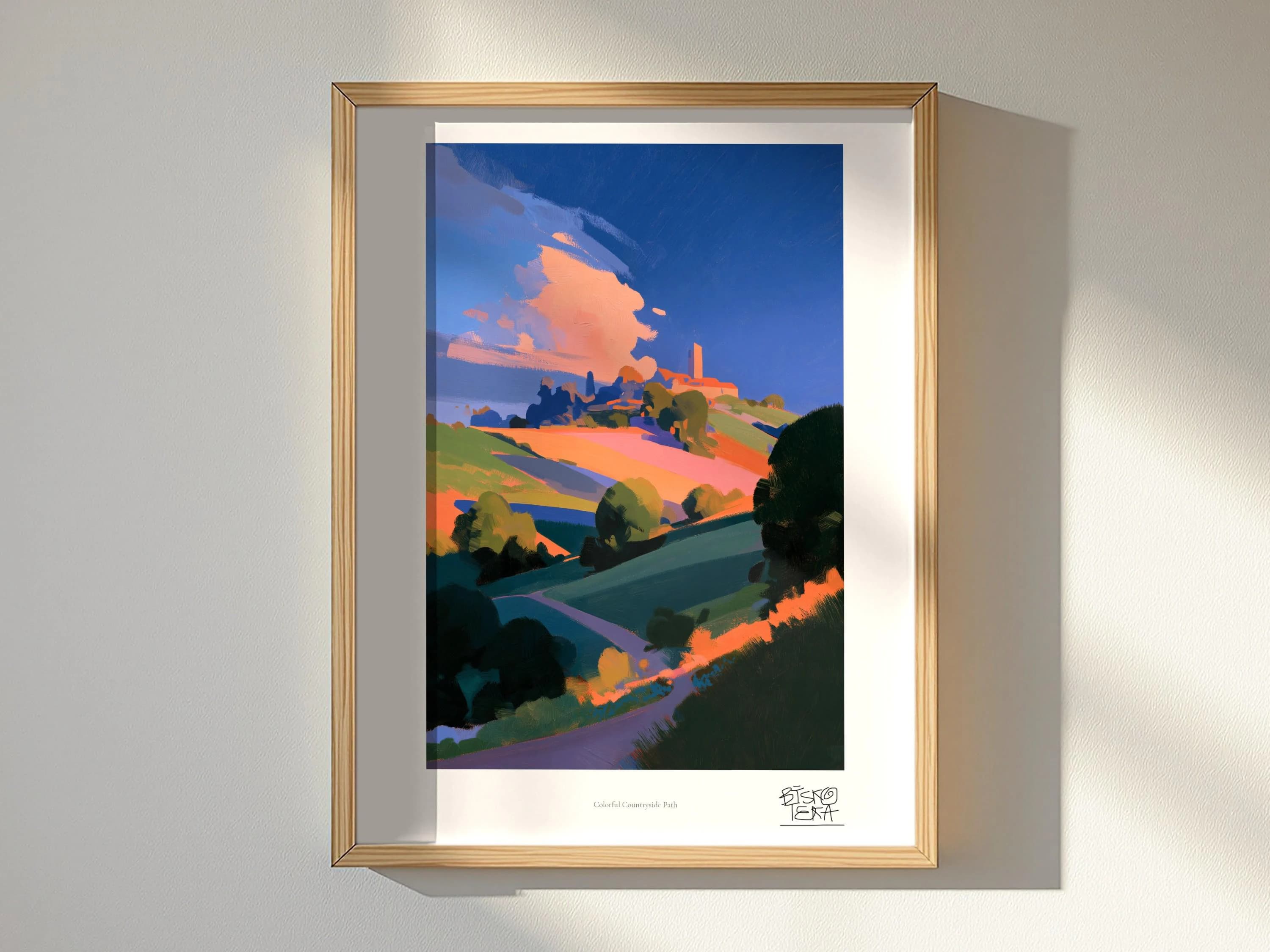 Colorful Countryside Path framed art print, shown hanging in a styled room