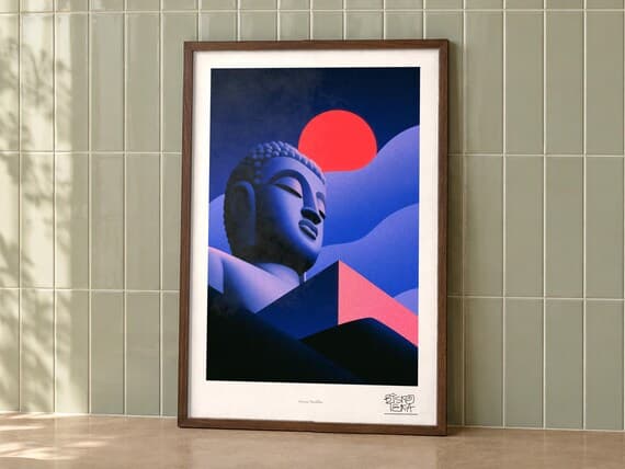 Serene Buddha art print on a wall, room view