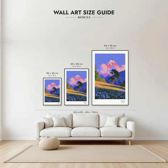 Size guide: 30×45, 40×60 and 60×90 cm to scale above a sofa