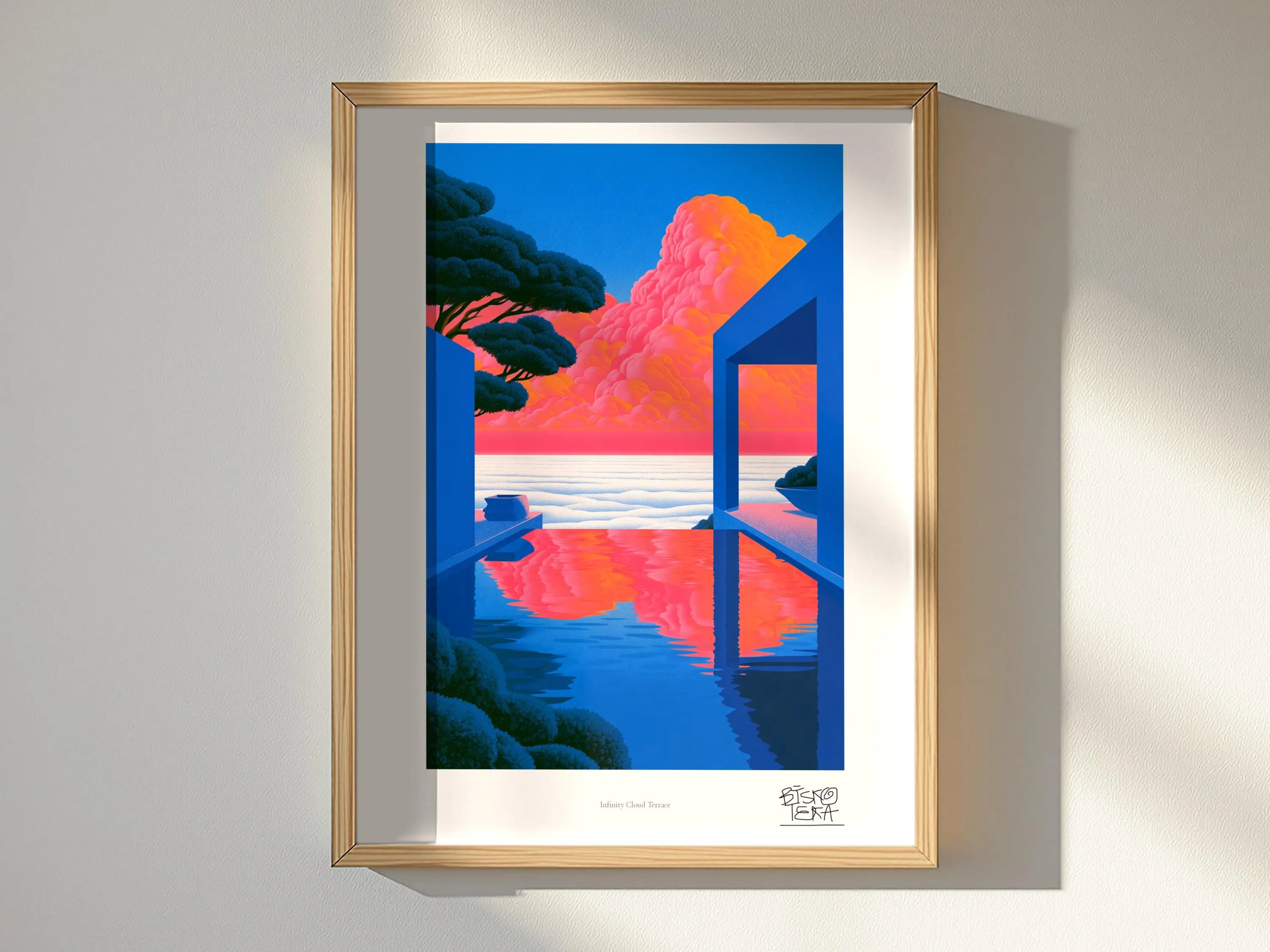 Infinity Cloud Terrace framed art print, shown hanging in a styled room